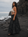 Ethereal smoke print tiered maxi skirt, styled for evening, lifestyle shot