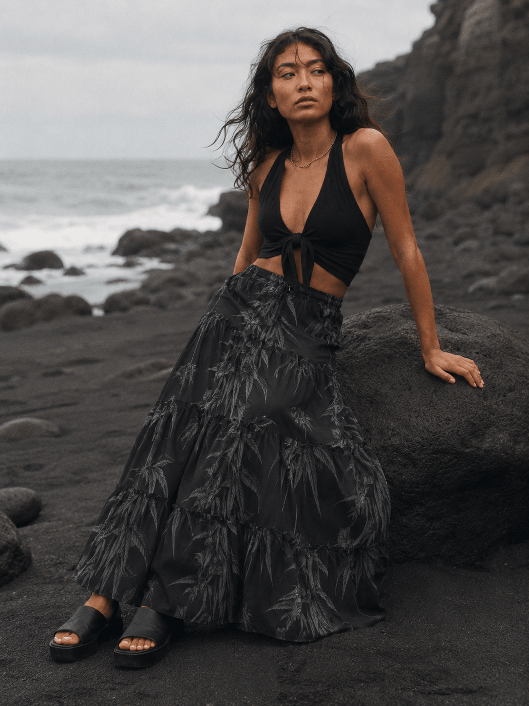 Ethereal smoke print tiered maxi skirt, three-quarter view on model
