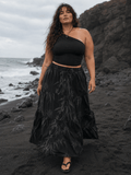 Ethereal smoke print tiered maxi skirt, walking shot on model