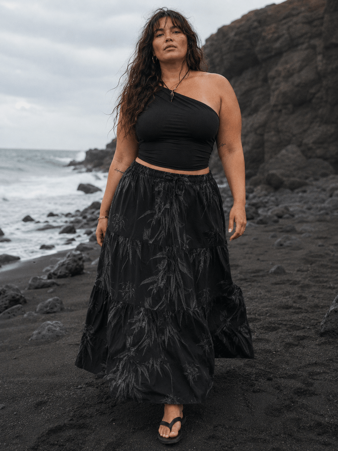 Ethereal smoke print tiered maxi skirt, walking shot on model
