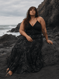 Ethereal smoke print tiered maxi skirt, full body lifestyle shot on model