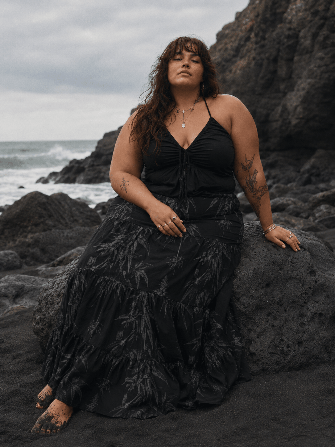 Ethereal smoke print tiered maxi skirt, full body lifestyle shot on model