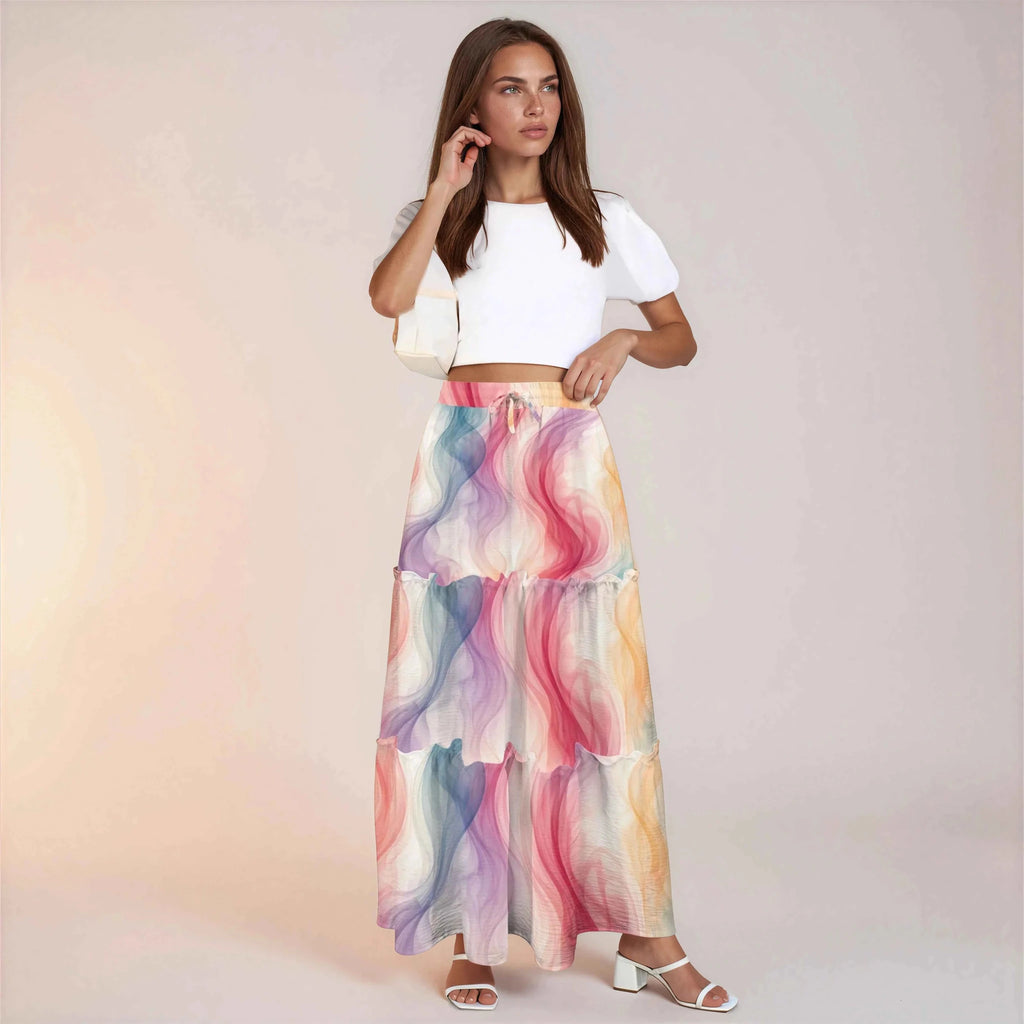 Ethereal smoke print tiered maxi skirt, lifestyle shot on model