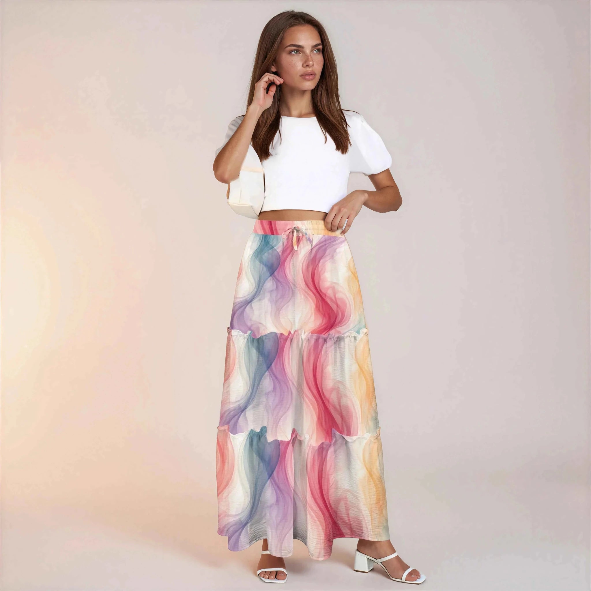 Ethereal smoke print tiered maxi skirt, lifestyle shot on model