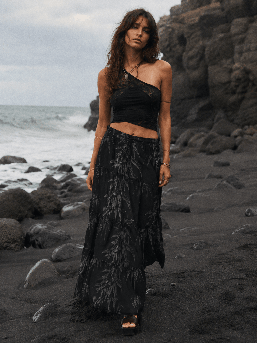 Ethereal smoke print tiered maxi skirt, side view showing tier flow
