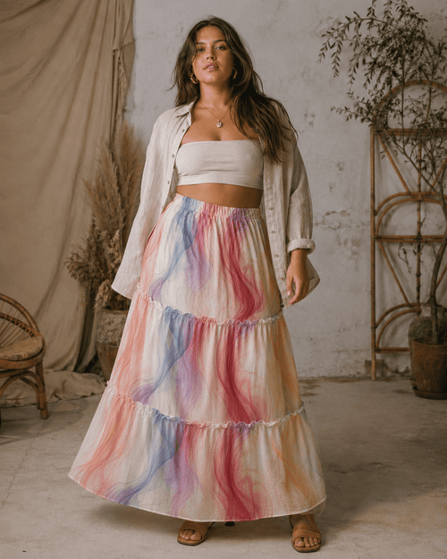 Ethereal smoke print tiered maxi skirt, close-up showing tier detail