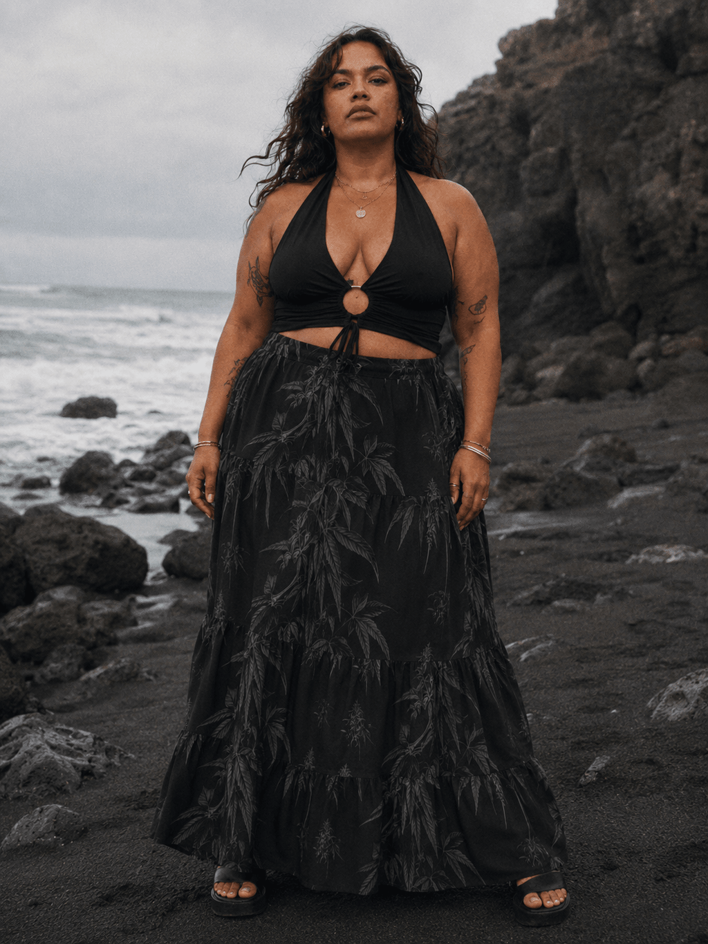 Ethereal smoke print tiered maxi skirt, lifestyle shot on model outdoors