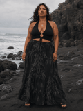 Ethereal smoke print tiered maxi skirt, lifestyle shot on model outdoors