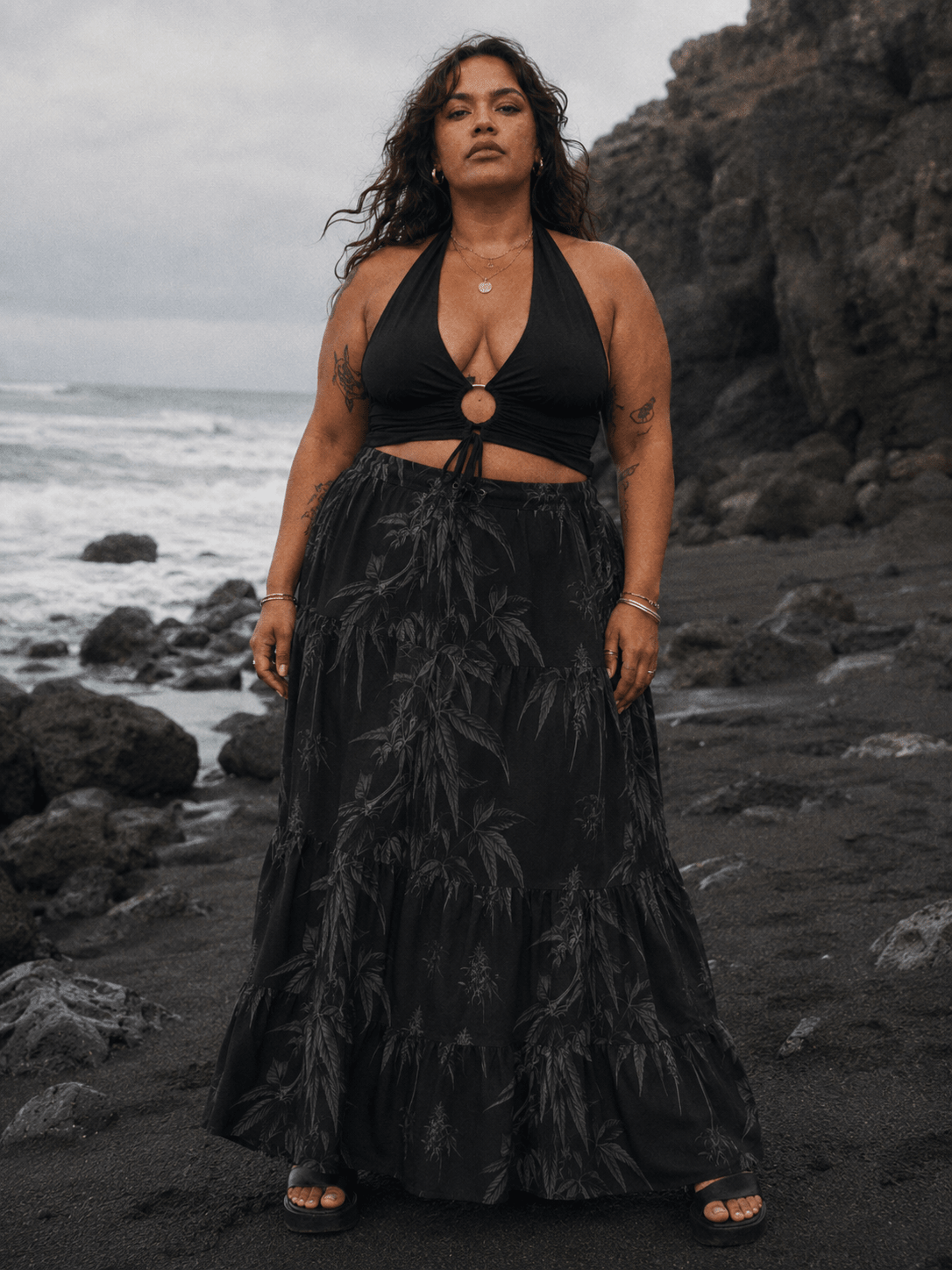 Ethereal smoke print tiered maxi skirt, lifestyle shot on model outdoors