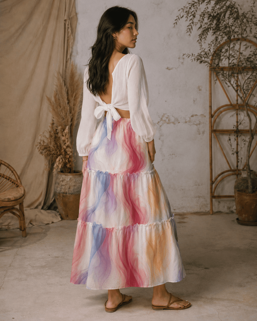 Ethereal smoke print tiered maxi skirt, full length view on model outdoors