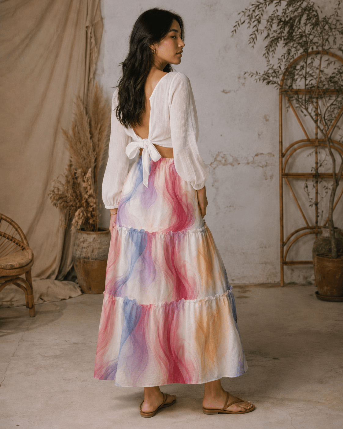 Ethereal smoke print tiered maxi skirt, full length view on model outdoors