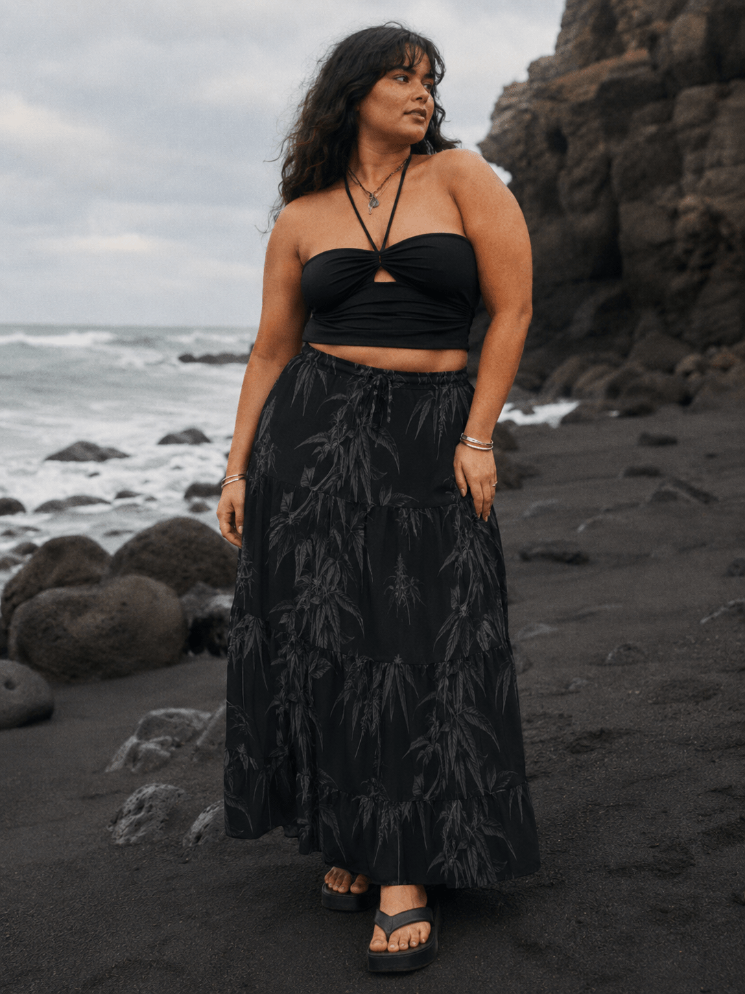 Ethereal smoke print tiered maxi skirt, close-up showing print and tier detail
