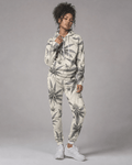 Green leaf print hoodie and sweatpants set, front view on model