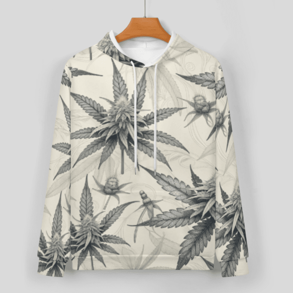 Green leaf print hoodie and sweatpants set, flat lay showing both pieces