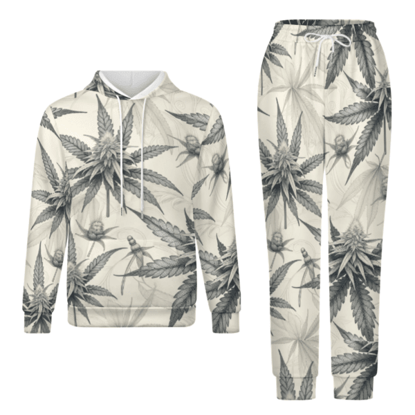 Green leaf print hoodie, hood and drawstring detail close-up