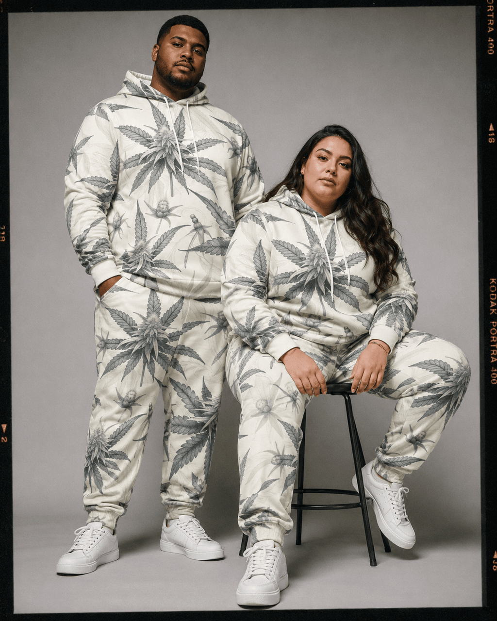 Jane Dope green leaf print hoodie and sweatpants set, lifestyle shot on model