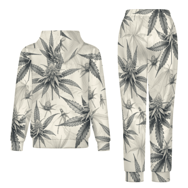 Green leaf print sweatpants, waistband detail close-up