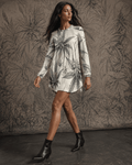 Leaf print long sleeve patchwork t-shirt dress, back view on model