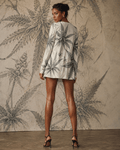 Leaf print long sleeve patchwork t-shirt dress, side view on model