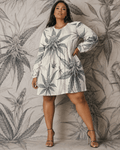 Leaf print long sleeve patchwork t-shirt dress, full length view on model outdoors