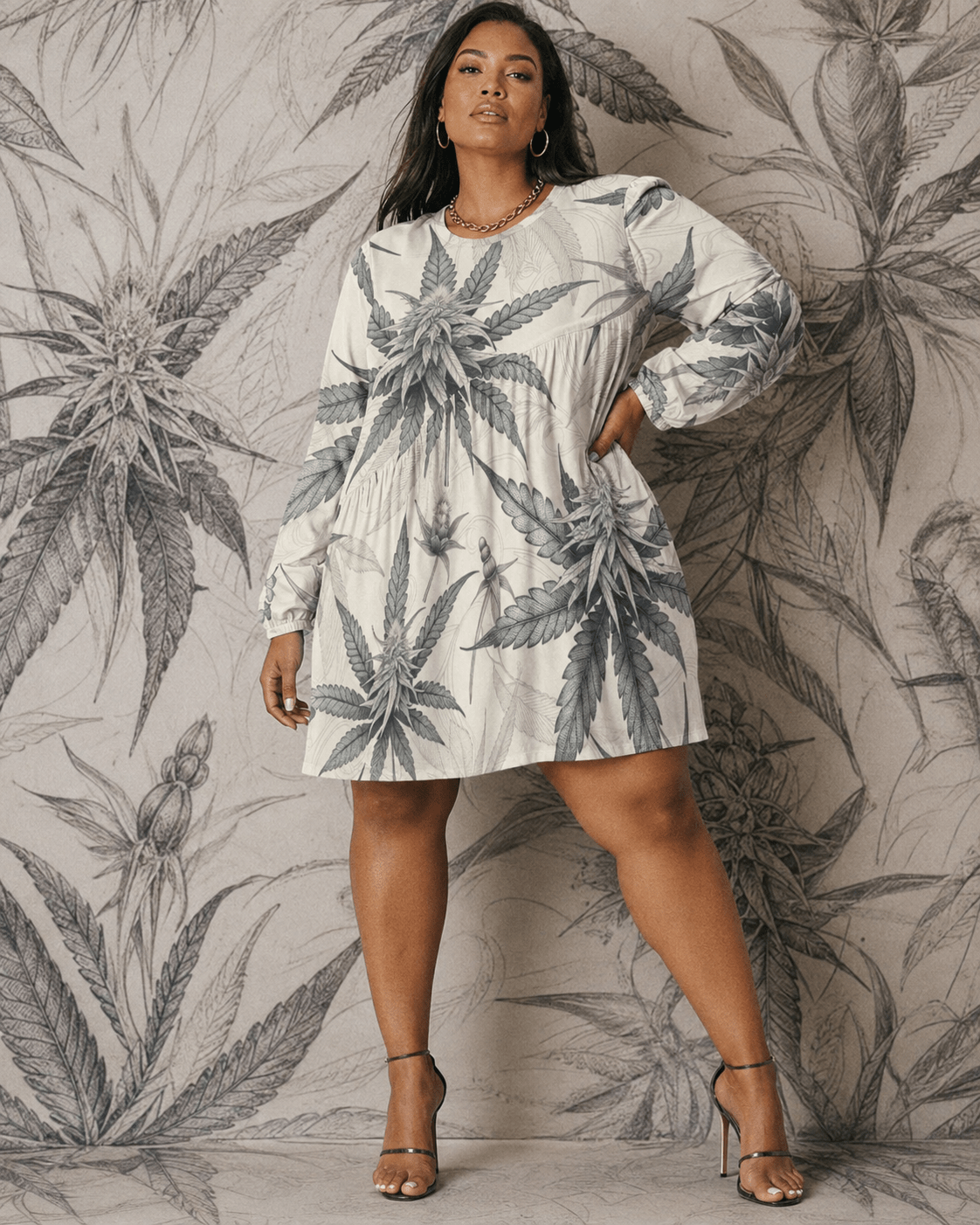 Leaf print long sleeve patchwork t-shirt dress, full length view on model outdoors