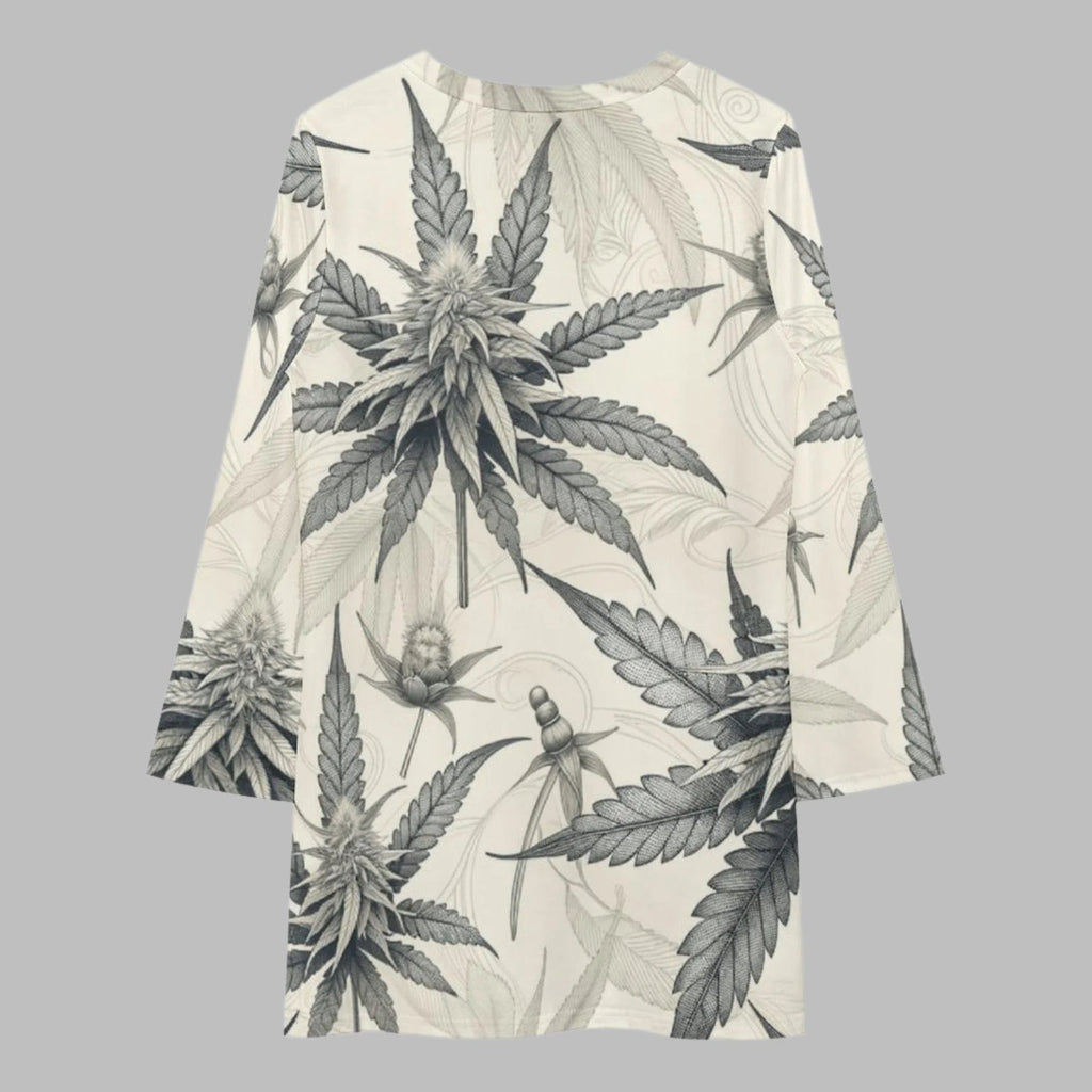 Leaf print long sleeve patchwork t-shirt dress, flat lay back