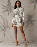 Jane Dope leaf print long sleeve patchwork t-shirt dress, front view on model