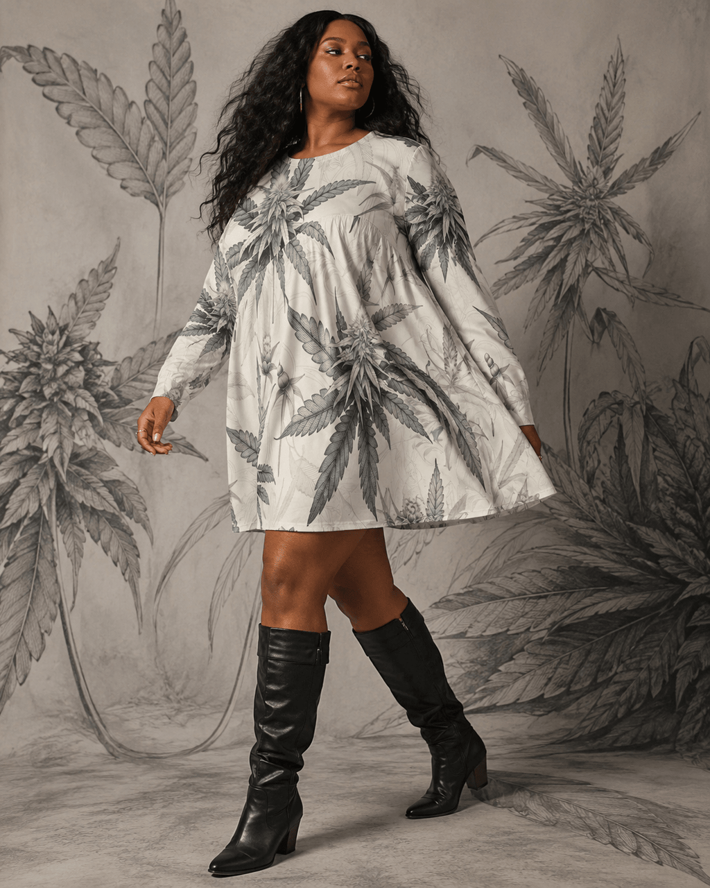 Leaf print long sleeve patchwork t-shirt dress, walking shot on model