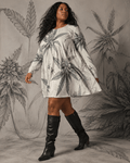Leaf print long sleeve patchwork t-shirt dress, walking shot on model