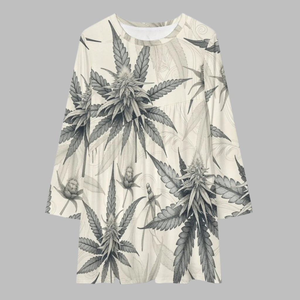 Leaf print long sleeve patchwork t-shirt dress, flat lay front
