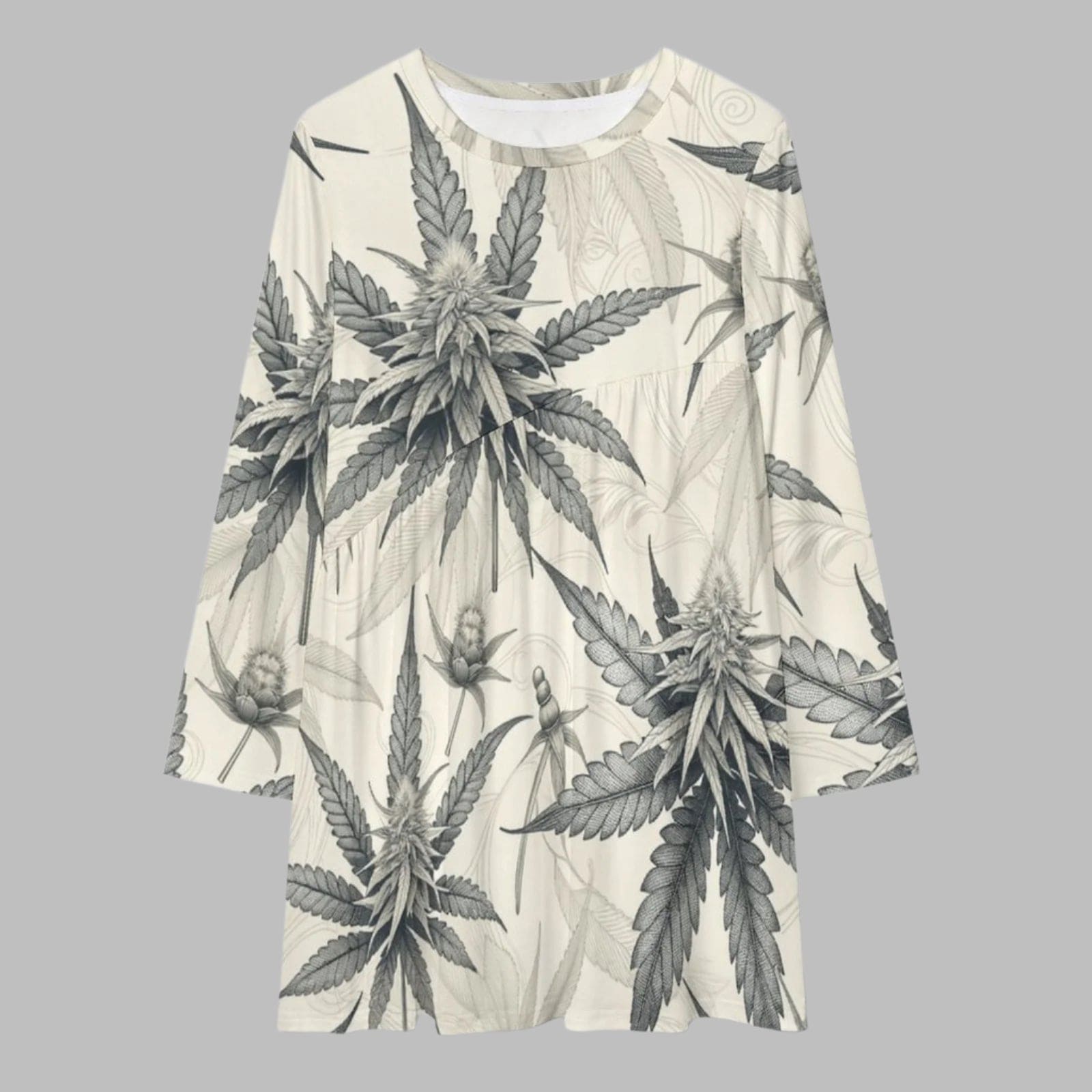 Leaf print long sleeve patchwork t-shirt dress, flat lay front