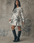 Leaf print long sleeve patchwork t-shirt dress, lifestyle editorial shot on model