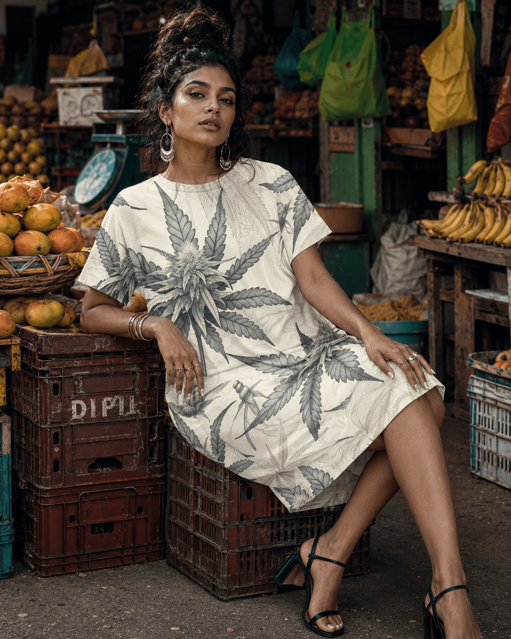 Leaf print t-shirt dress, three-quarter view on model