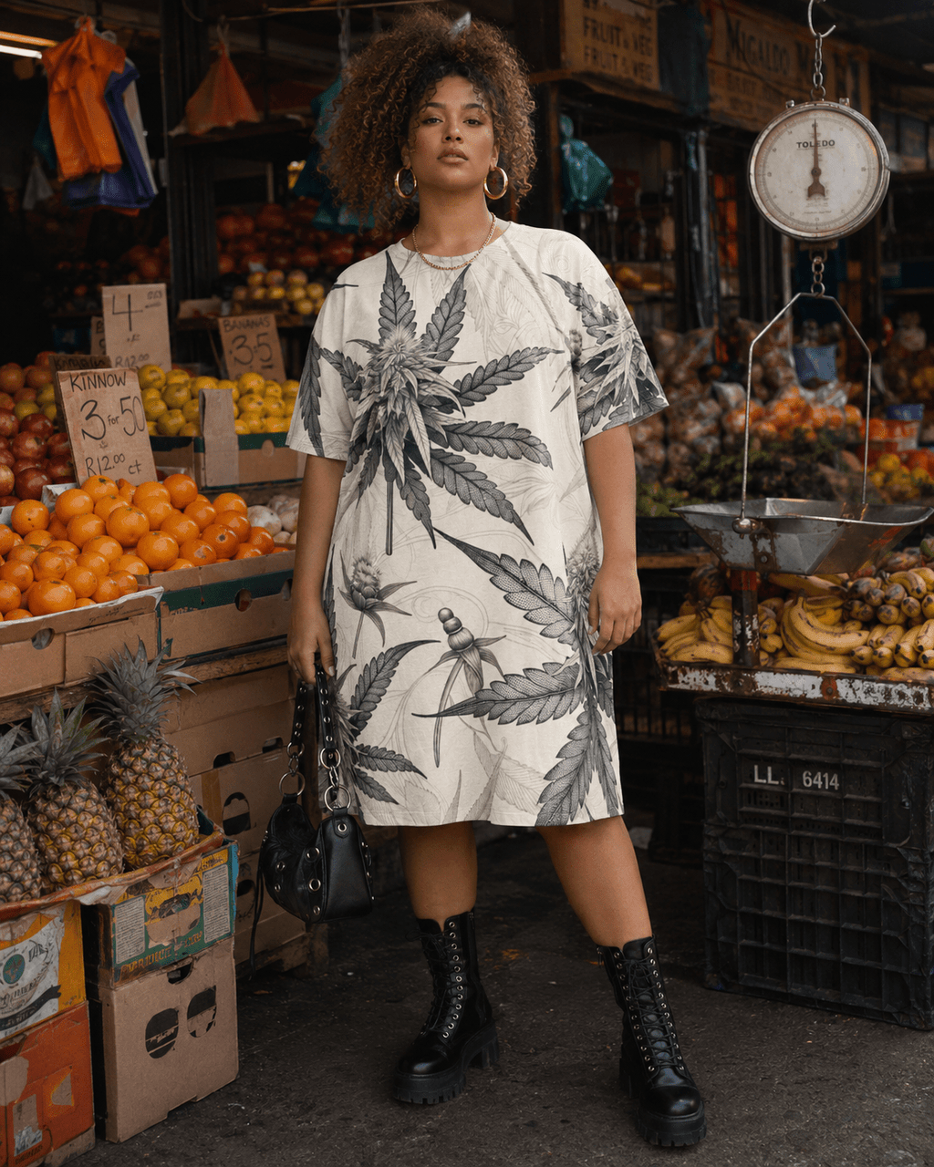 Leaf print t-shirt dress, lifestyle editorial shot on model