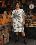 Leaf print t-shirt dress, lifestyle editorial shot on model
