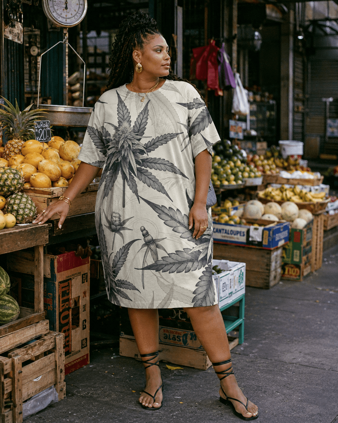 Leaf print t-shirt dress, full length view on model outdoors