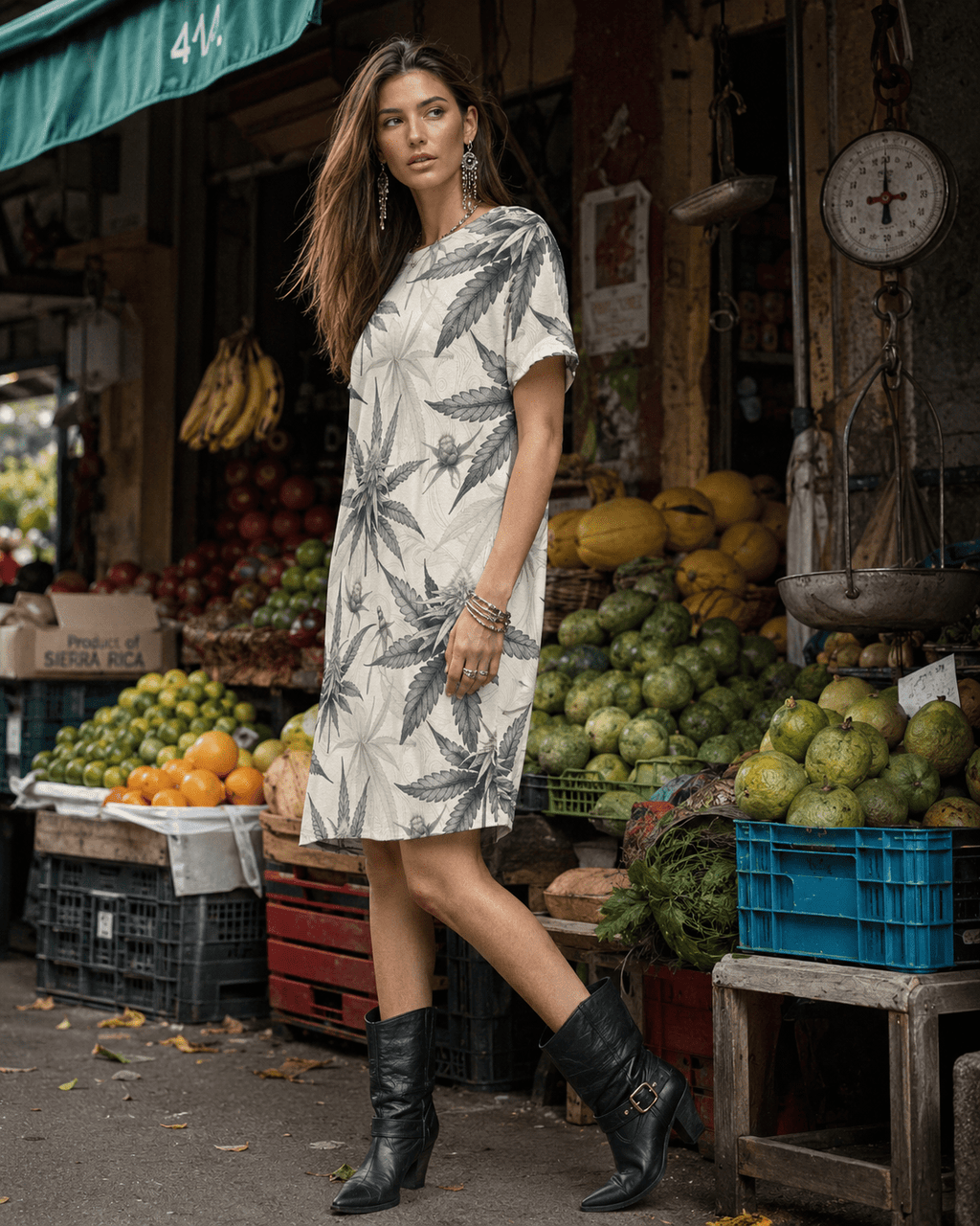 Jane Dope leaf print women's t-shirt dress, front view on model
