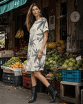 Jane Dope leaf print women's t-shirt dress, front view on model