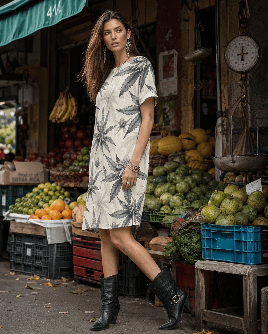 Jane Dope leaf print women's t-shirt dress, front view on model