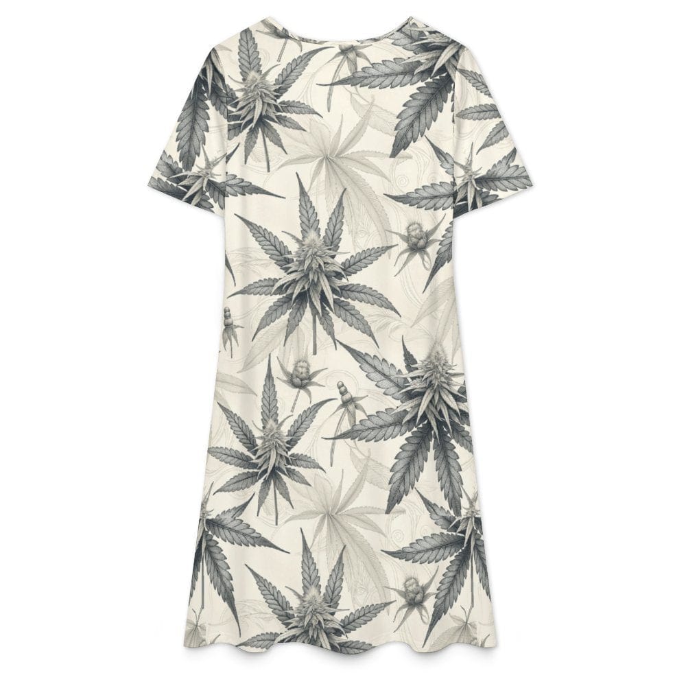 Leaf print t-shirt dress, neckline and print detail close-up