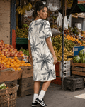 Leaf print t-shirt dress, back view on model