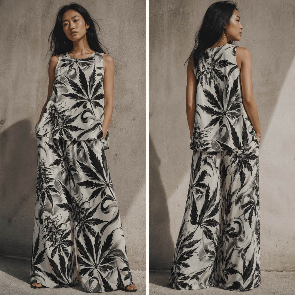 Jane Dope White Widow spider web print chiffon crop top and wide-leg pants set, front view on model