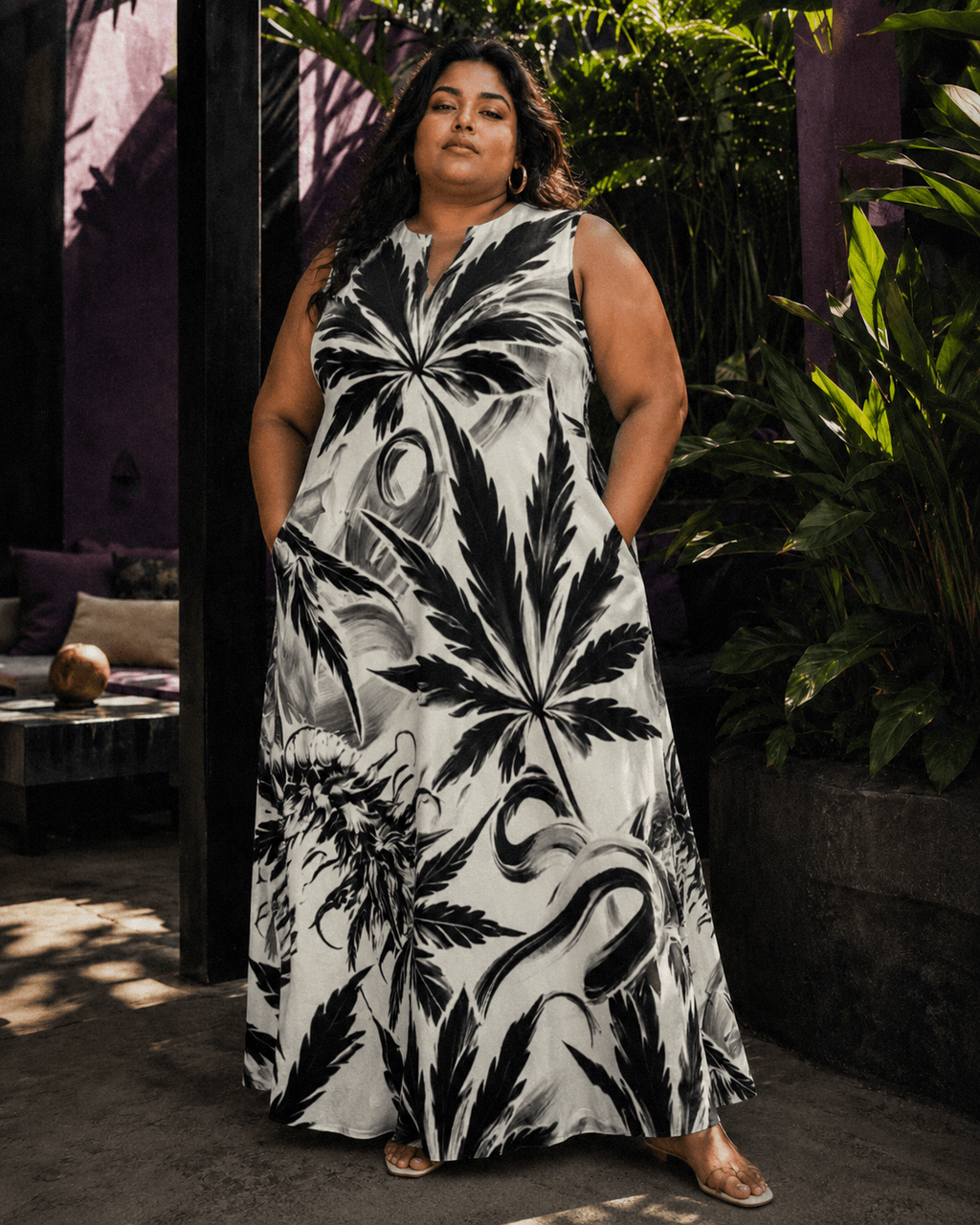 White Widow spider web print pocket long dress, full length view on model outdoors