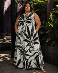 White Widow spider web print pocket long dress, full length view on model outdoors