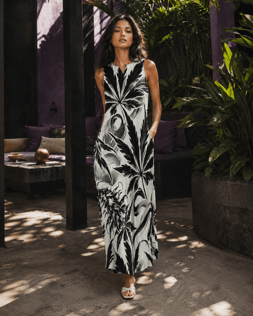 White Widow spider web print pocket long dress, back view on model