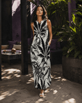 White Widow spider web print pocket long dress, back view on model