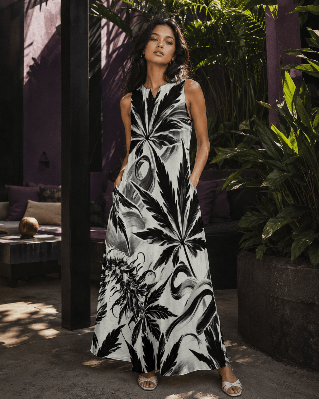 Jane Dope White Widow spider web print pocket long dress, front view on model