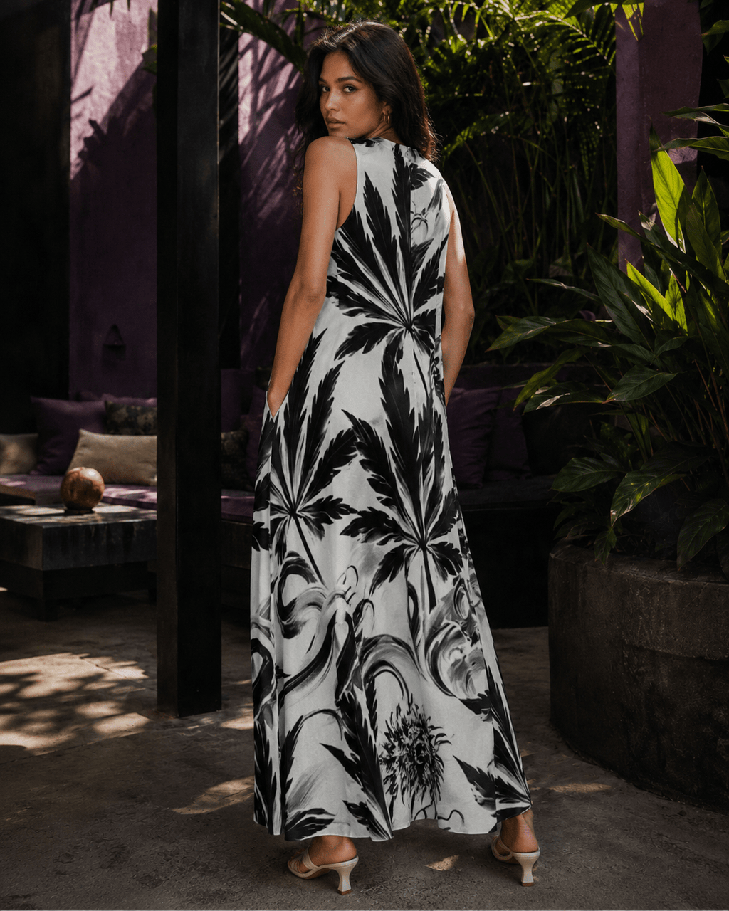 White Widow spider web print pocket long dress, pocket detail close-up on model