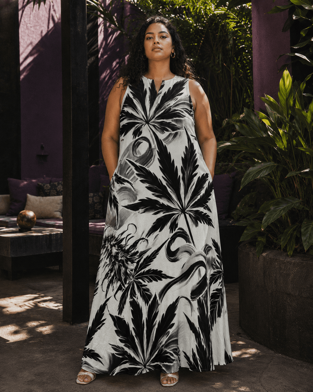 White Widow spider web print pocket long dress, three-quarter view on model