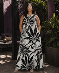 White Widow spider web print pocket long dress, three-quarter view on model